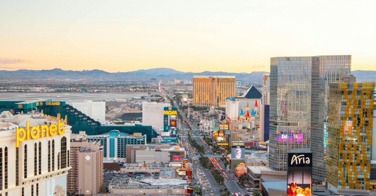 Captivating aerial view of the Las Vegas Strip skyline at sunset featuring iconic hotels and casinos