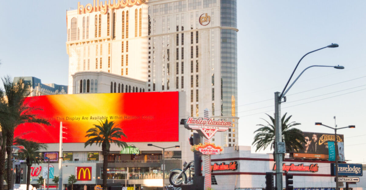 Planet Hollywood and Harley Davidson Cafe right corner in Las Vegas seen from the southwest