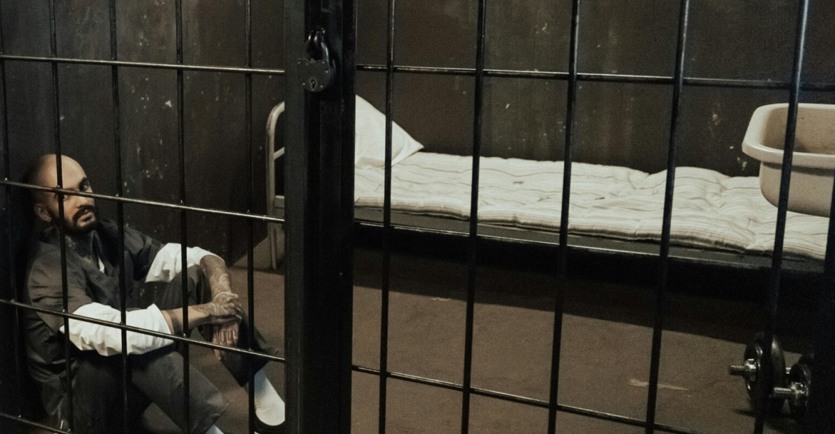 A police officer stands guard by a prison cell with a seated prisoner inside.