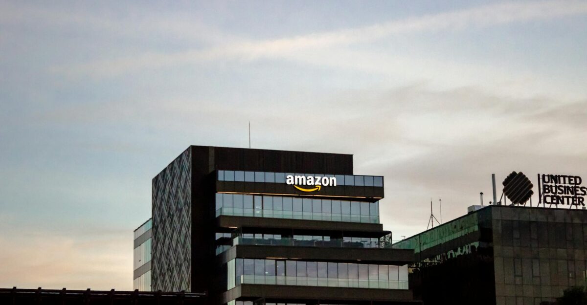 Contemporary architecture showcasing Amazon office at dusk in Ia i Romania
