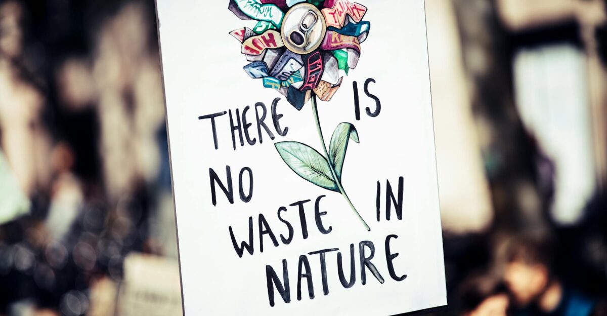 Protest sign featuring a flower made from recycled materials promoting environmental conservation