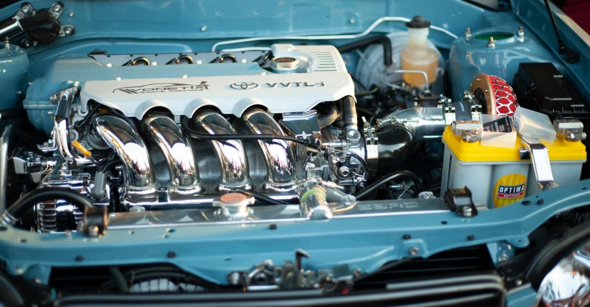Detailed view of a shiny and powerful Toyota engine showcasing automotive engineering