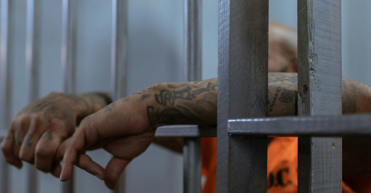 A tattooed inmate's arms rest on jail cell bars, wearing an orange uniform inside a prison.