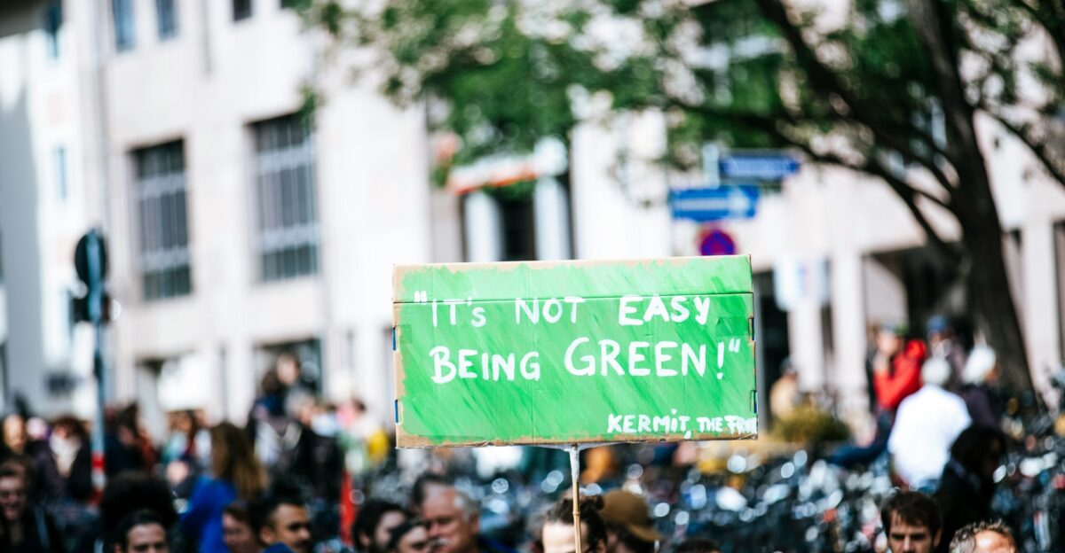 man holding a green board in a rally