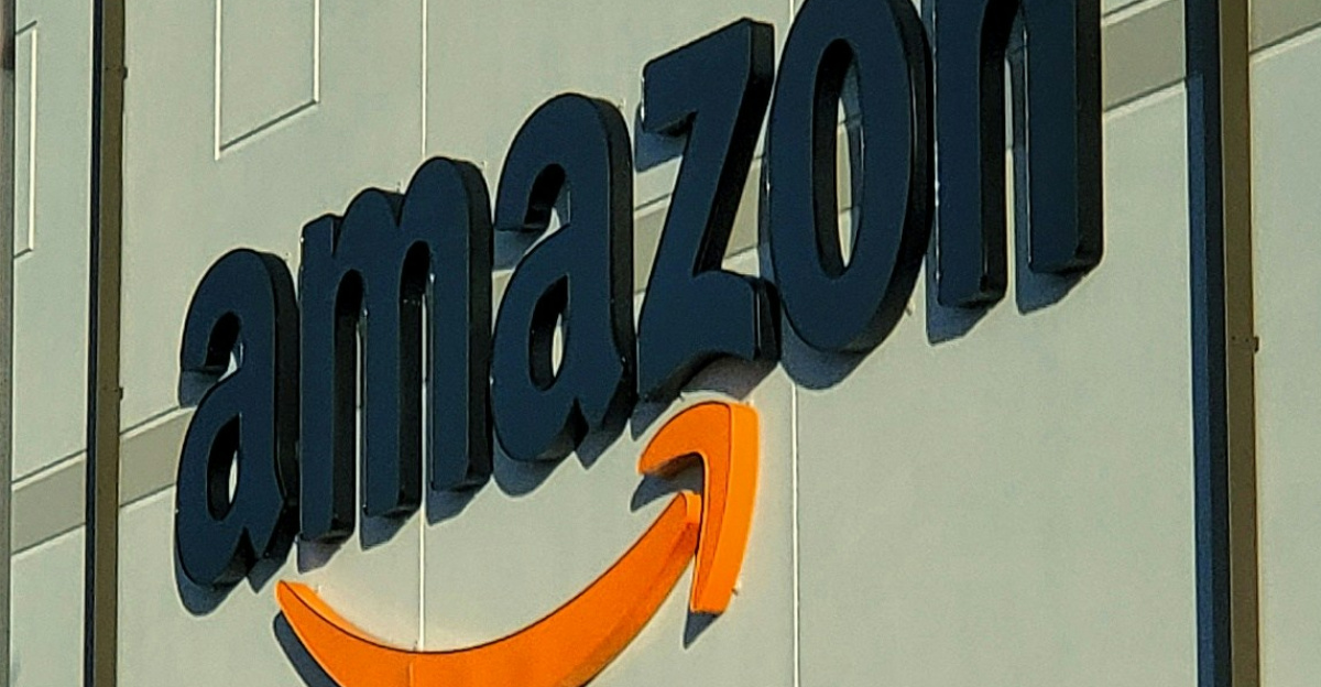 an amazon store with a person sitting in front of it
