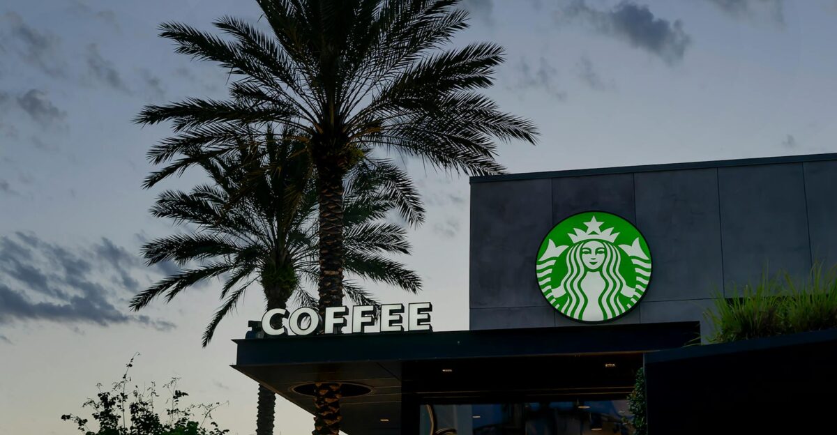 Starbucks caf exterior with palm trees at dusk in Orlando Florida