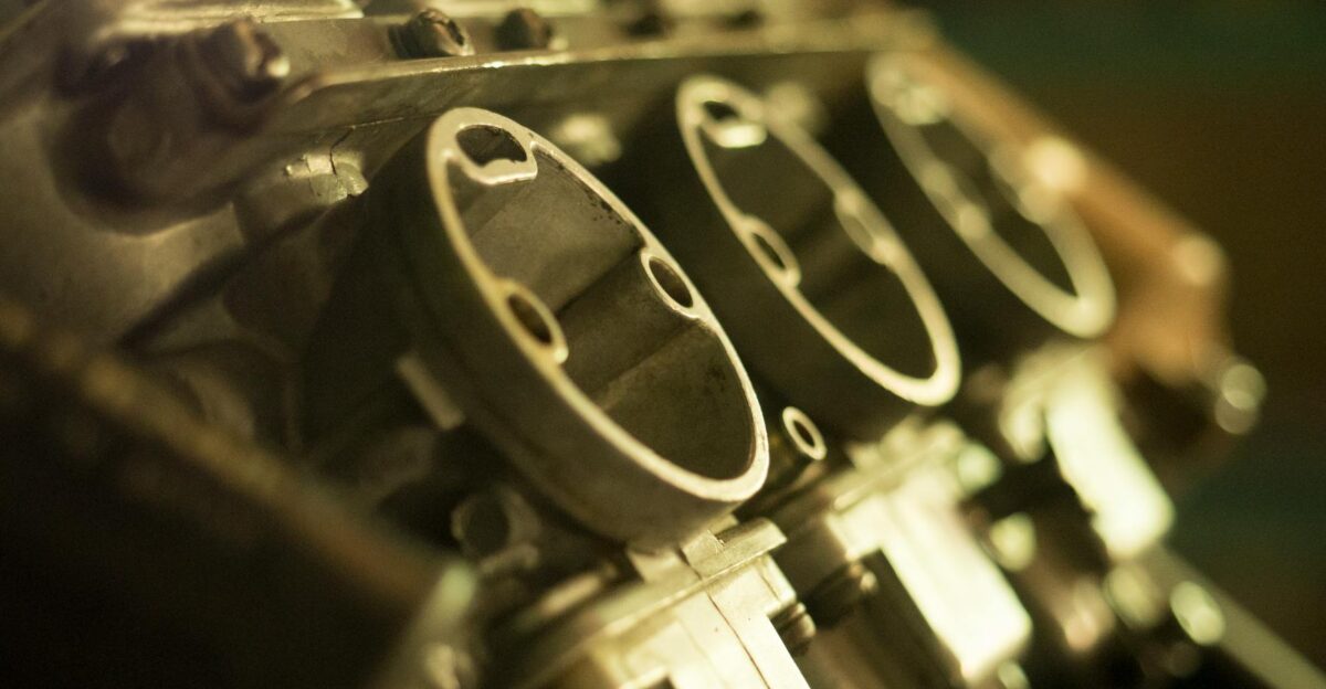 Detailed view of a metal engine component showcasing precise engineering