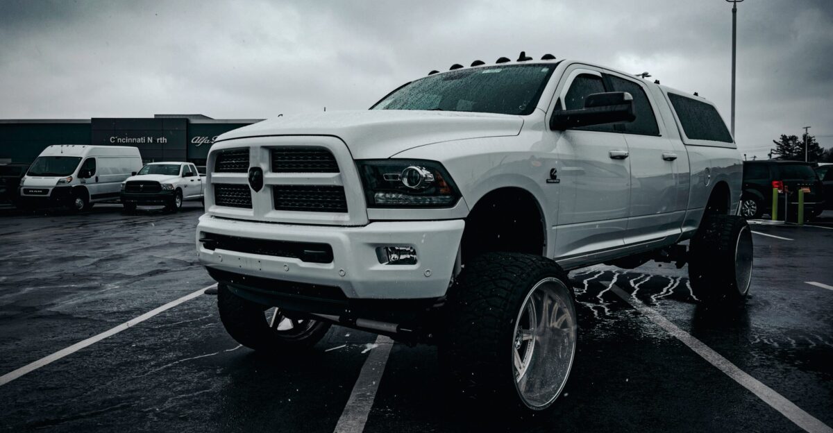 a large white truck parked in a parking lot