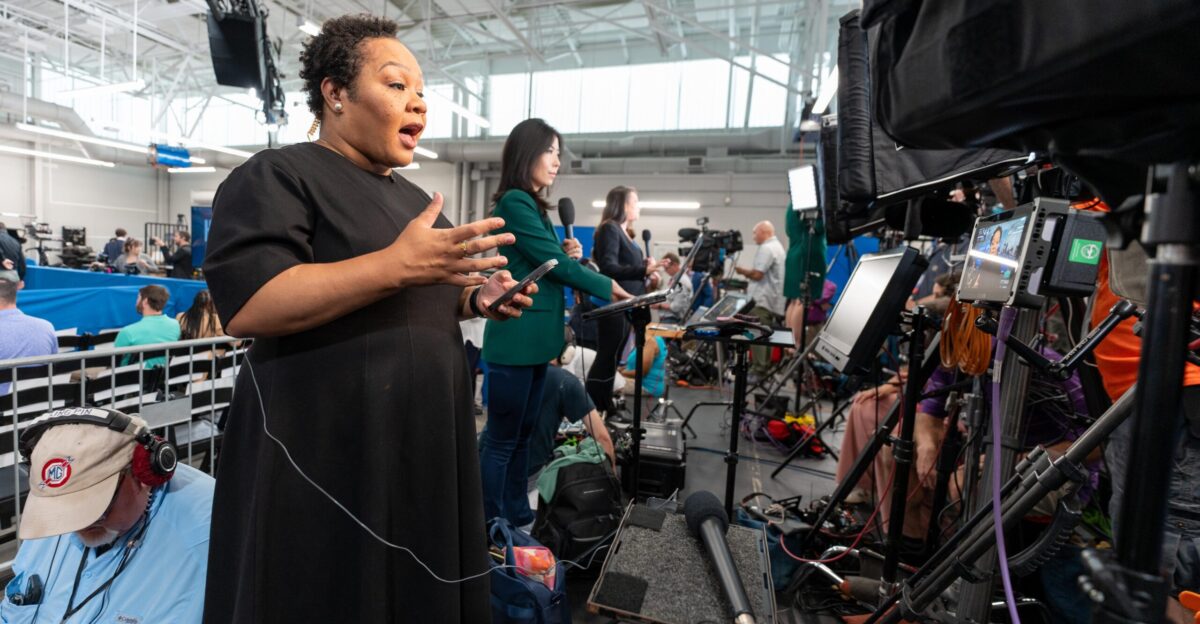 Yamiche Alcindor NBC News and other television reporters reporting from Kamala Harris campaign rally at Wake Tech on August 16 2024